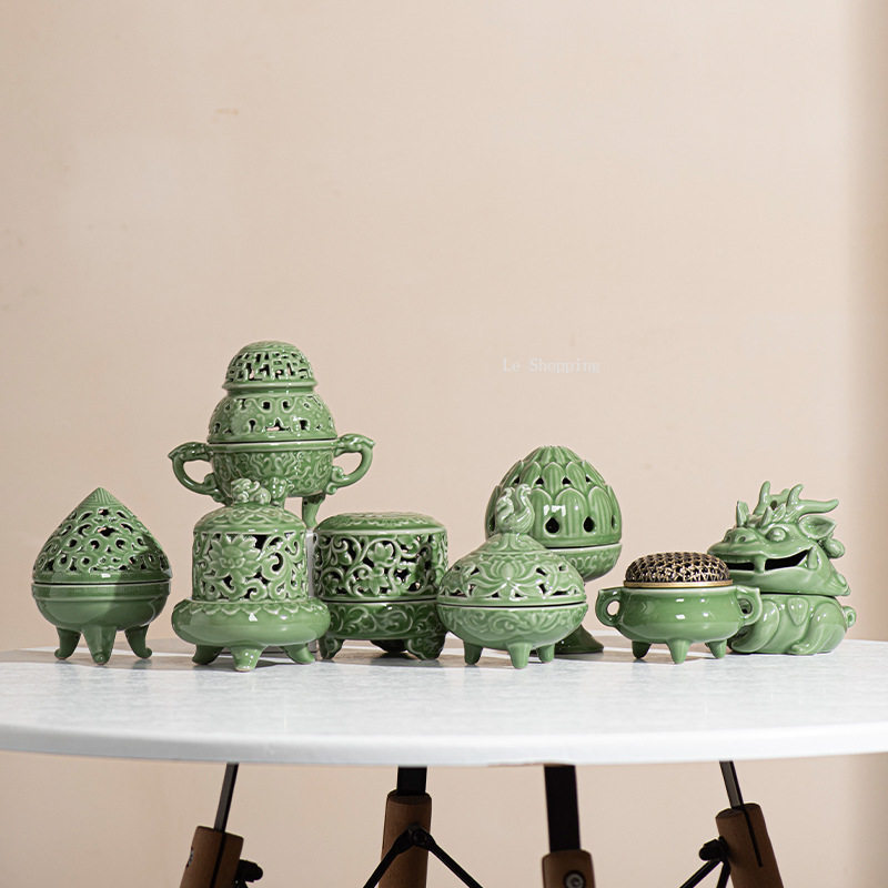 Zen Candle Supplies - Celadon Chinese Style Ceramic Incense Burner/Hollowed-out